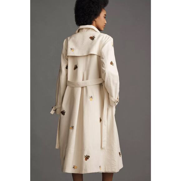 nwt ANTHROPOLOGIE MAVE sz S Embroidered Bumble Bee Linen Trench Coat - Picture 5 of 6